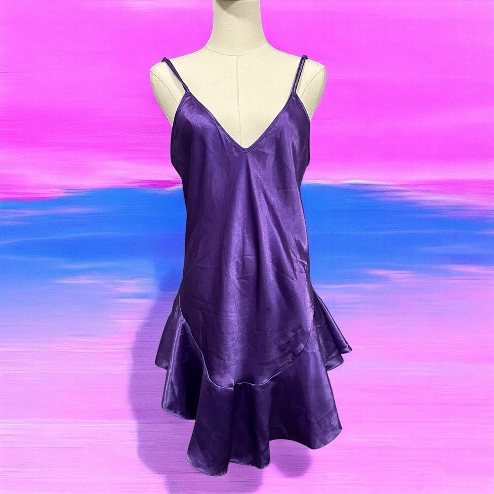 VTG Satin Glossy‎ Purple Slip Nightgown Shorty Glam Chemise PJS Sleep Dress Sz M